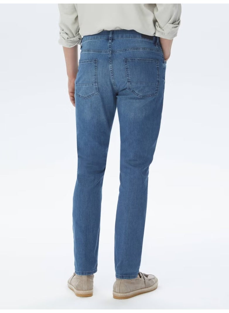 Navy Blue Slim Fit Denim Cotton Blend Trousers - Image 3